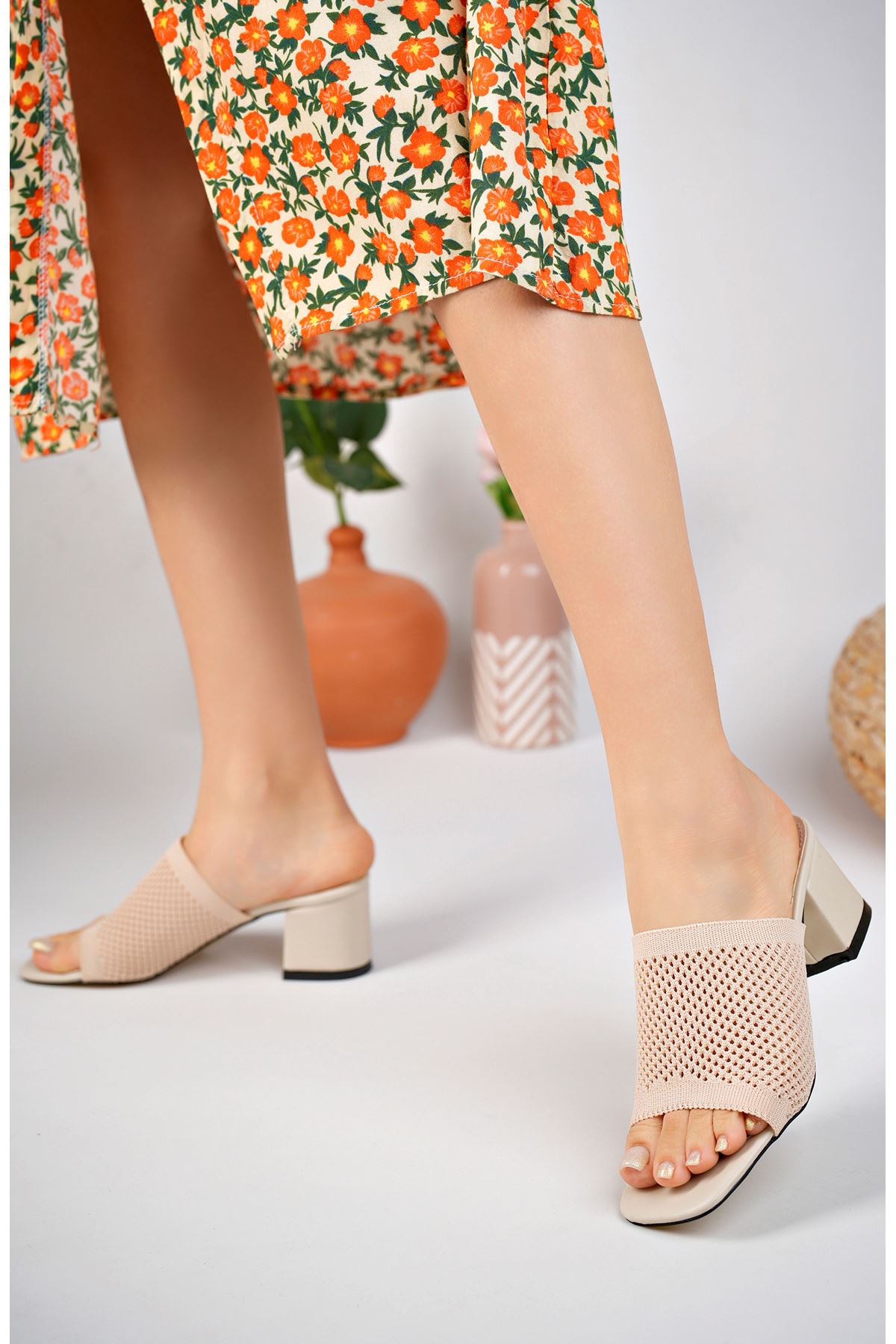 Heeled Tricot Cream Women's Slippers