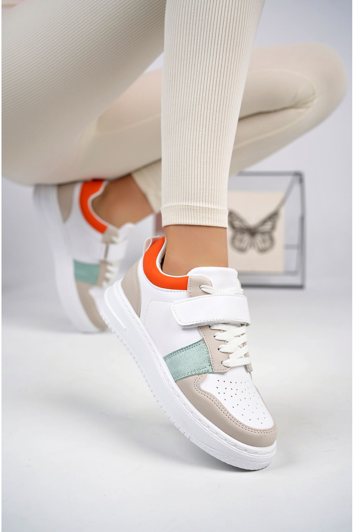 Poly Sole Orange Garnished Velcro Sneakers