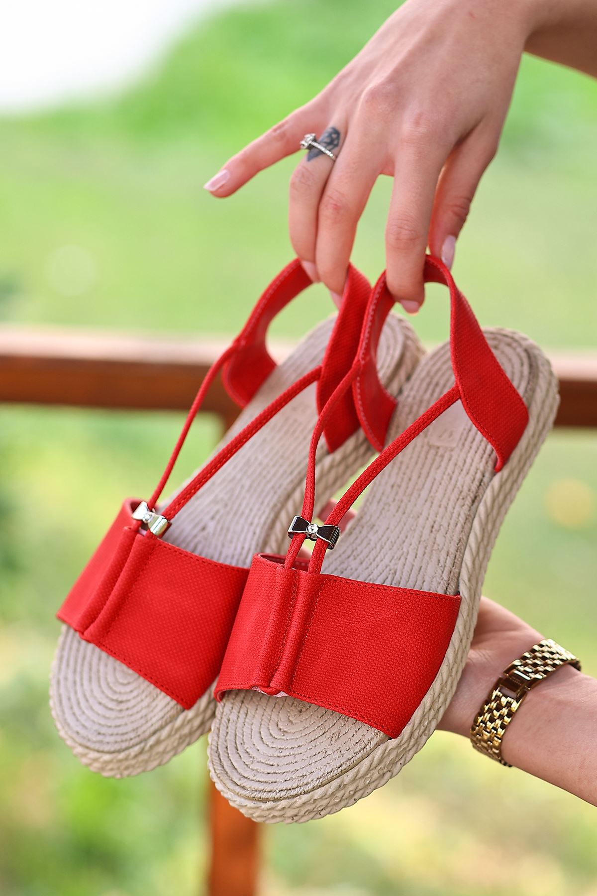 Red Women's Sandals with Straw Soles