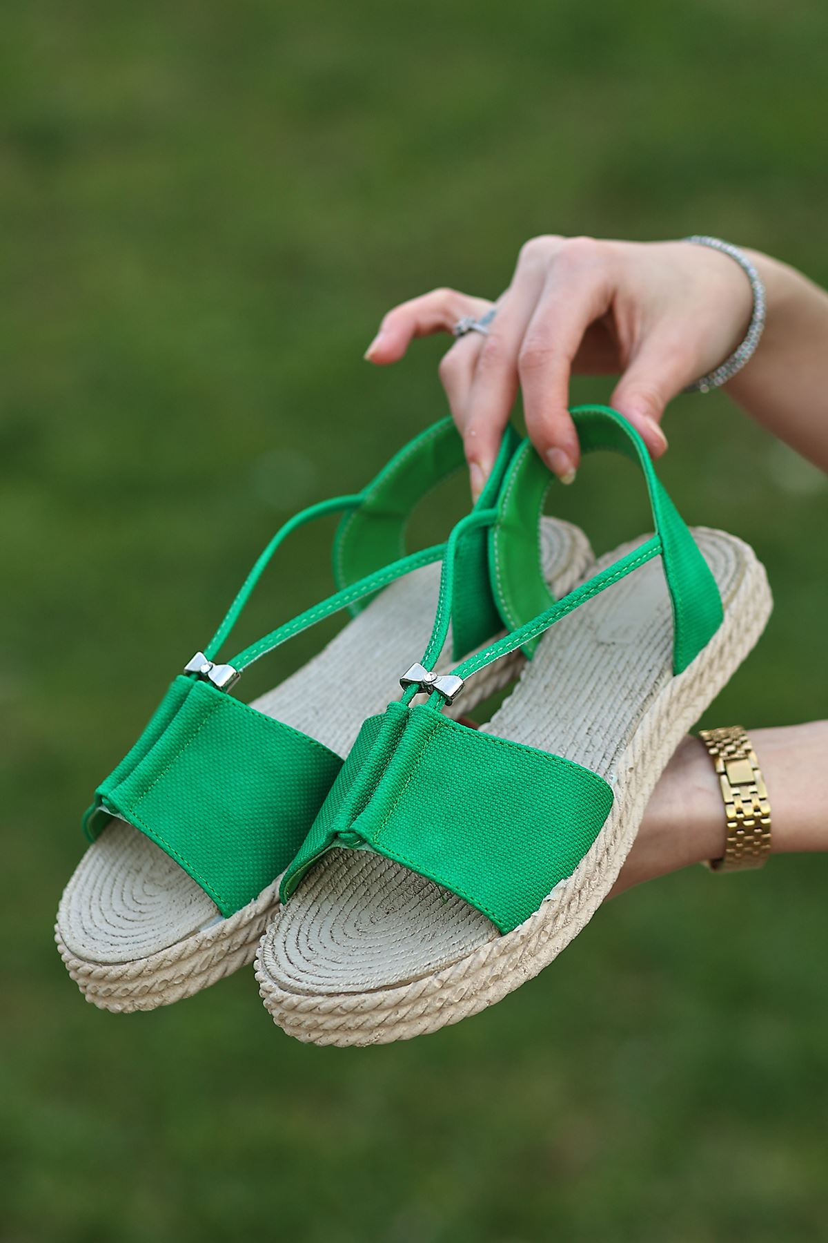 Hasır Taban Yeşil Kadın Sandalet
