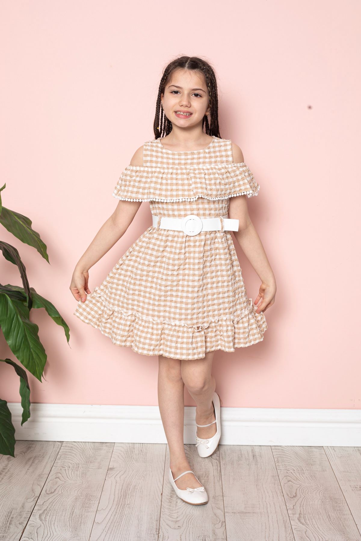 Square Patterned Girl's Dress with Hat