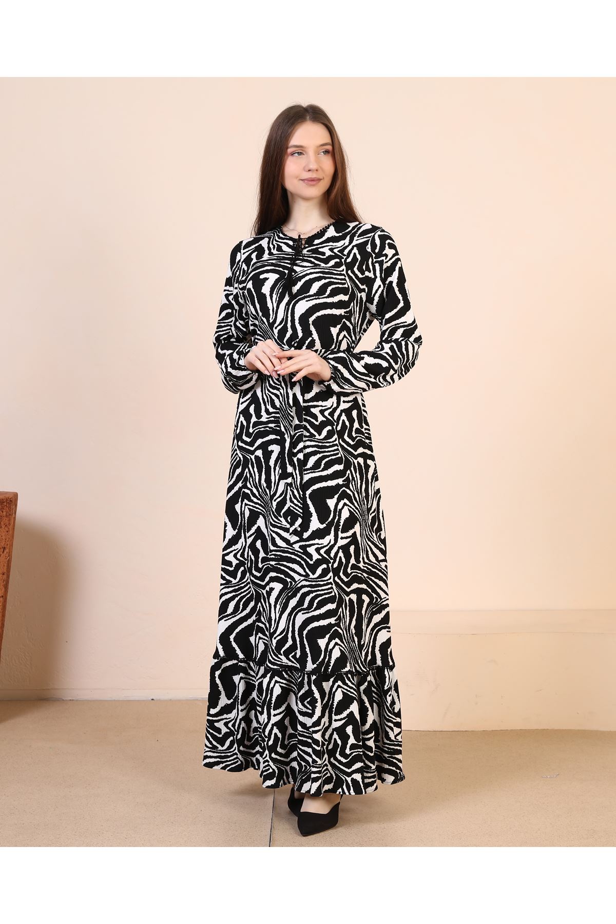 Zebra Desenli Beli Kemerli Kadın Elbise