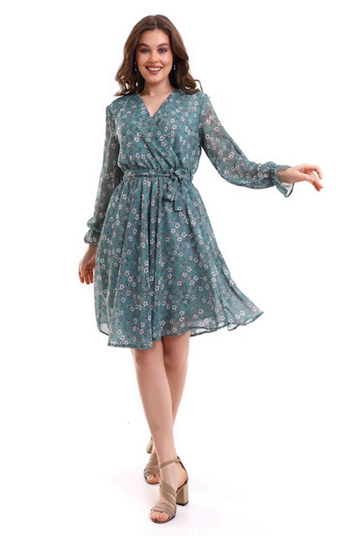 Double-breasted Green Patterned Chiffon Dress