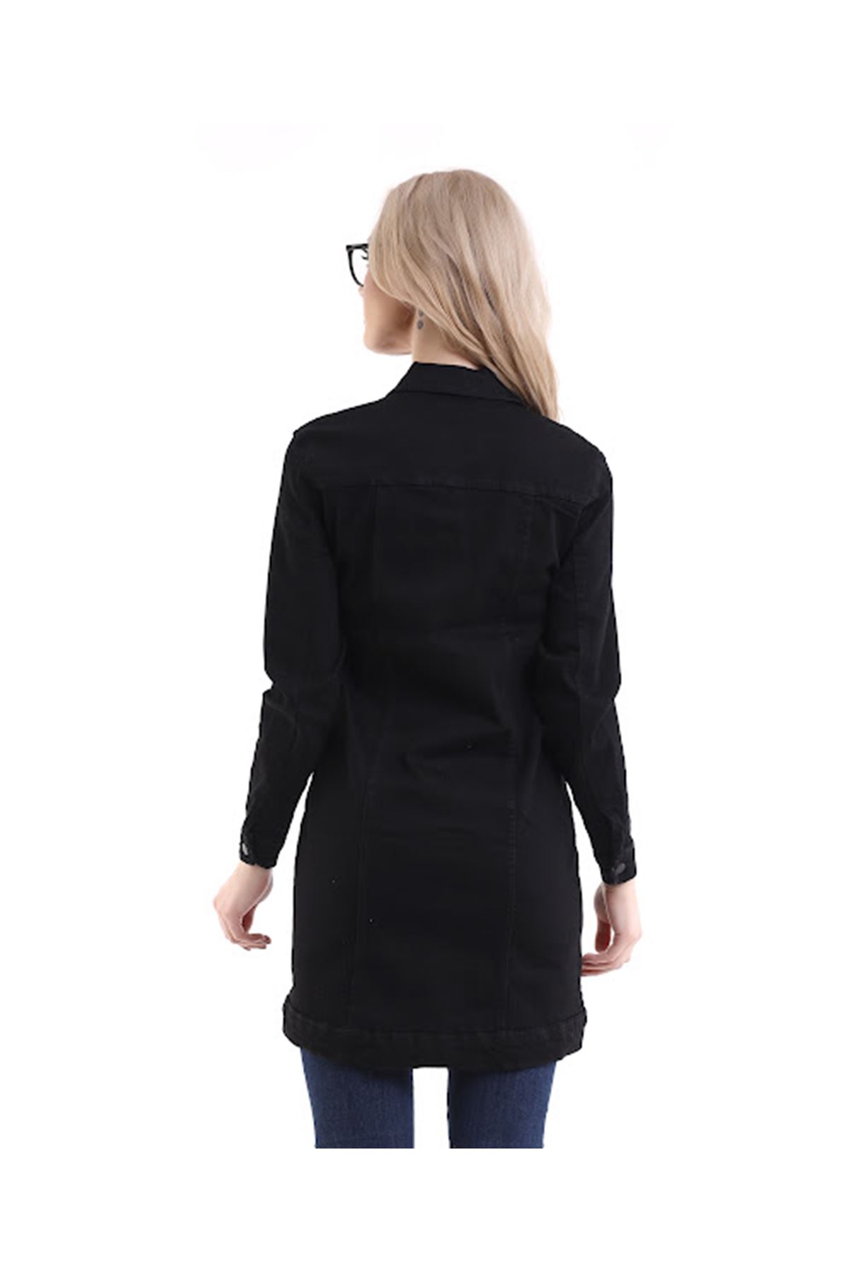 Siyah Uzun Kadın Kot Ceket