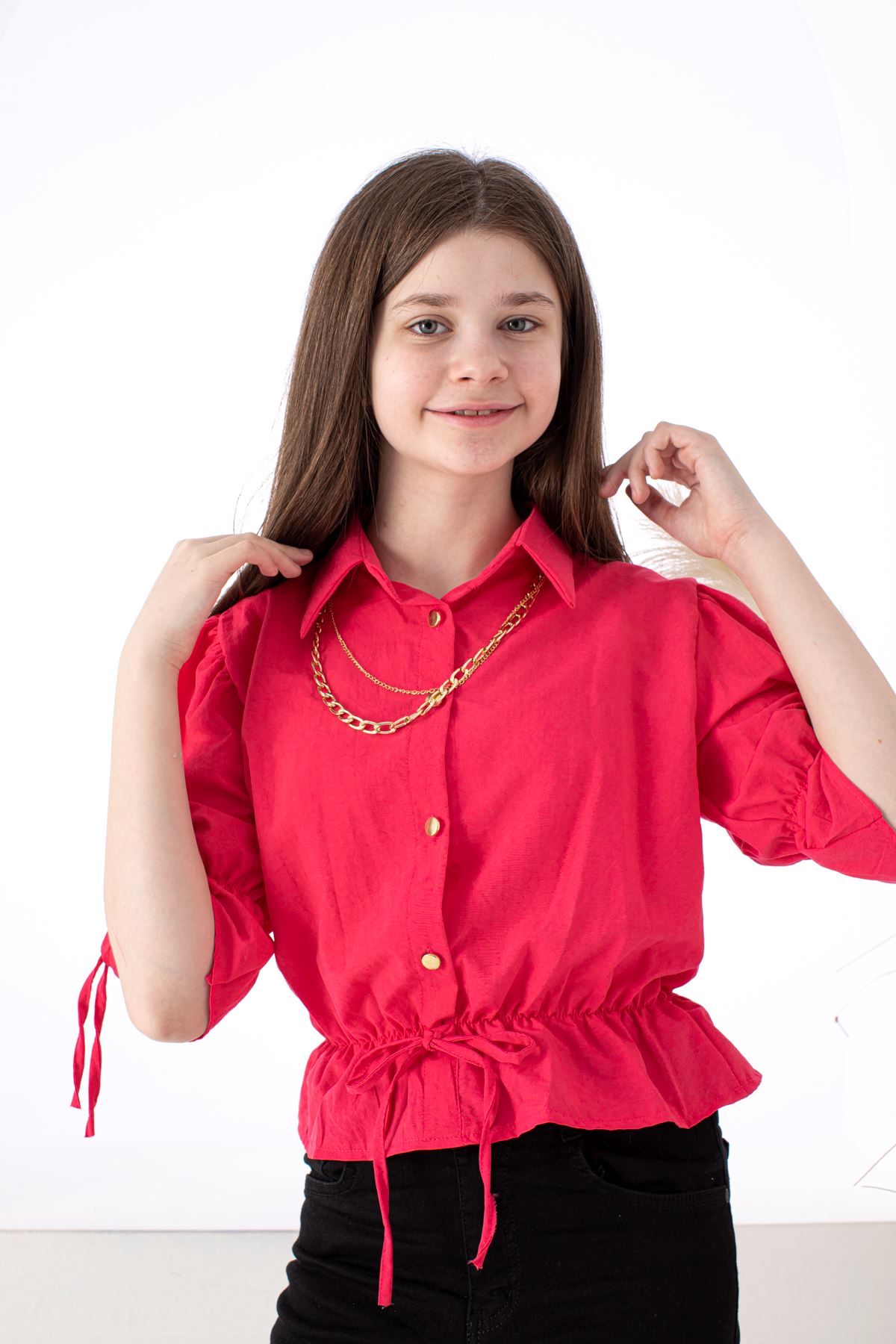 Girl's Shirt with Drawstring Necklace at the Bottom