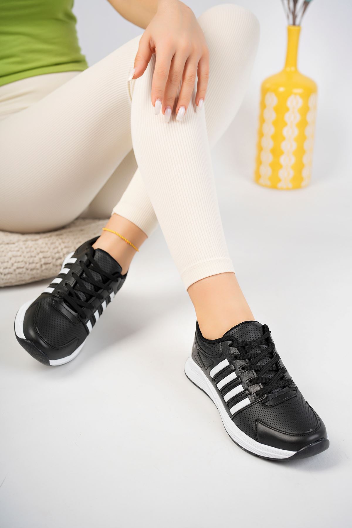 Women's Black and White Stripe Sneakers