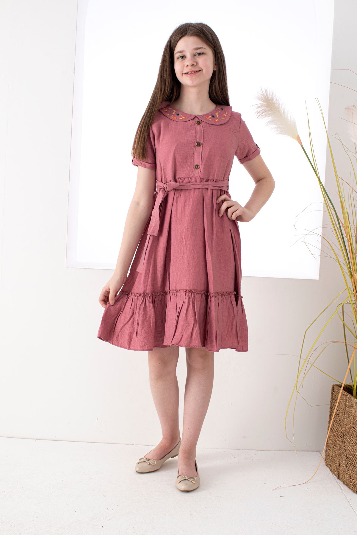 Girl's Dress with Patterned Belted Collar
