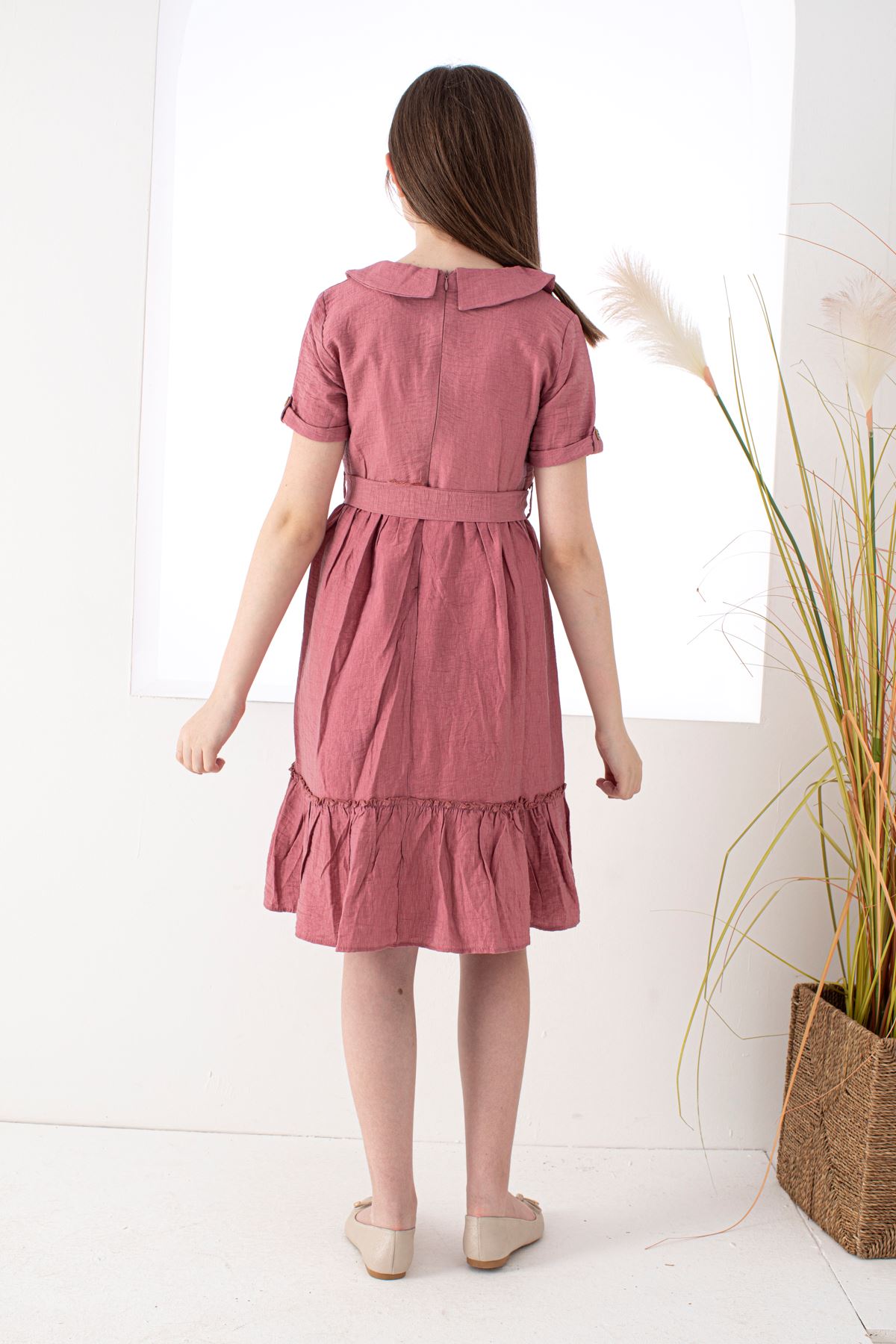 Girl's Dress with Patterned Belted Collar