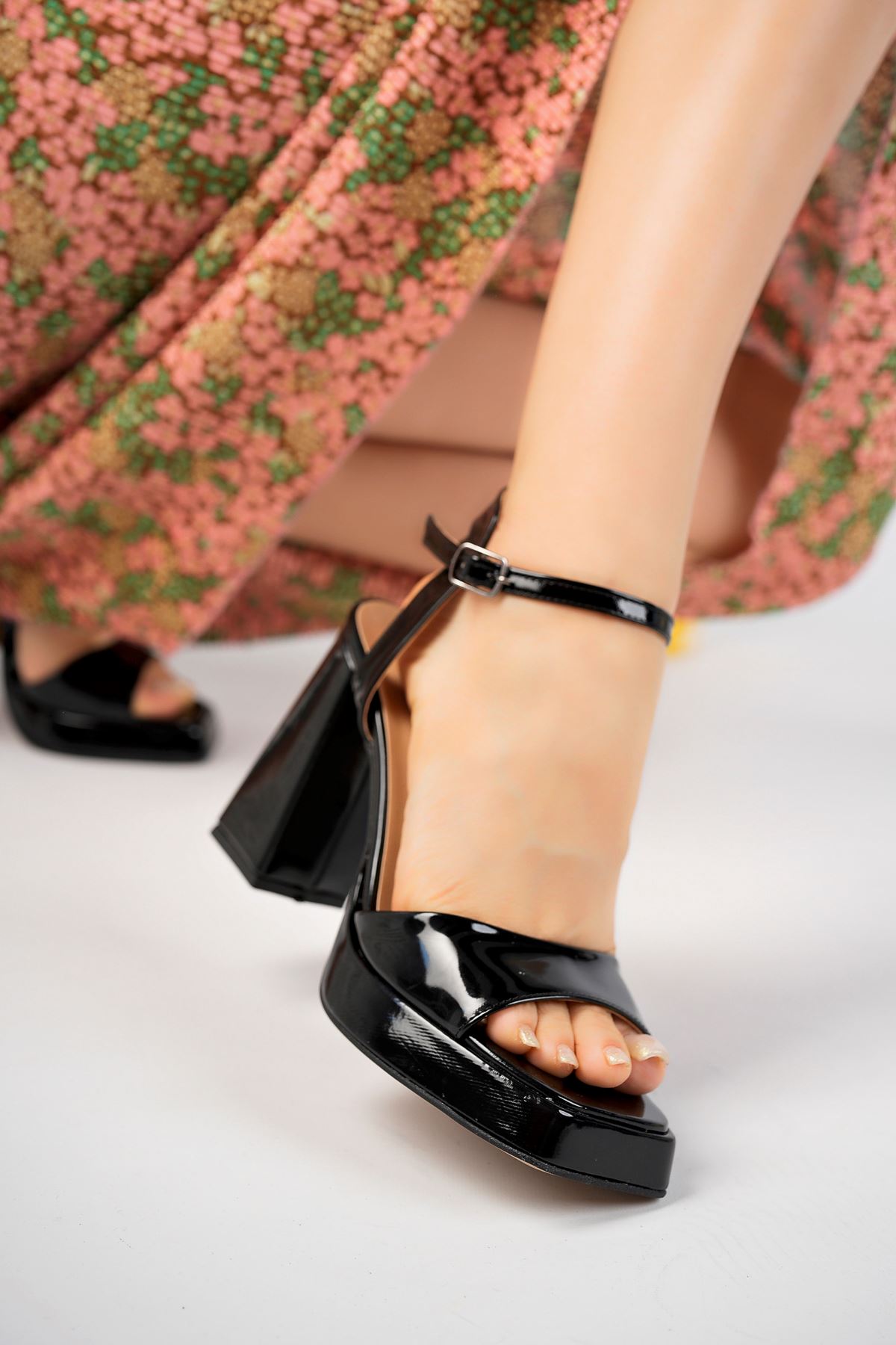 Angular Platform Single Strap Black Patent Leather Women's Sandals