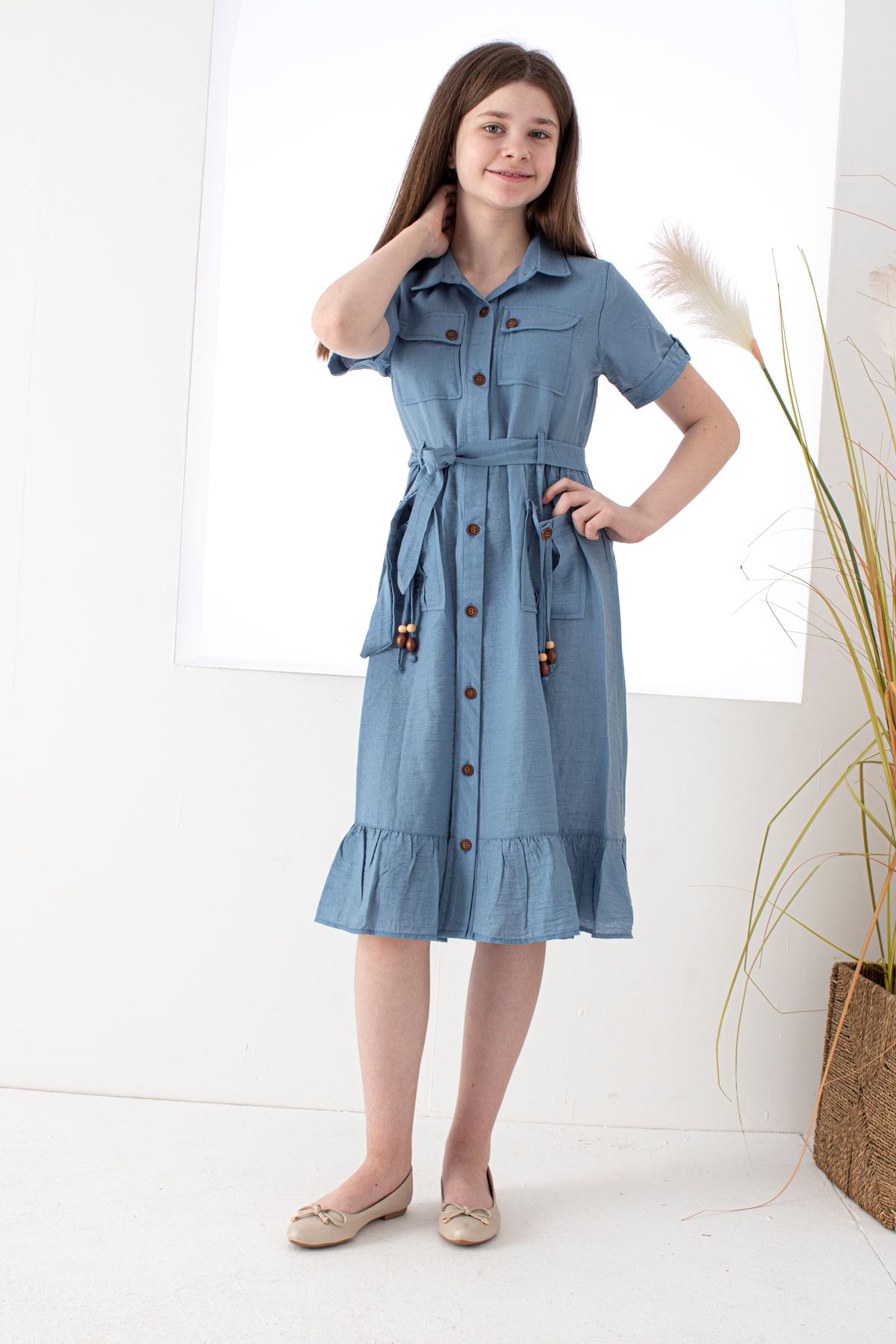 Belted Girl's Dress with Box Pockets