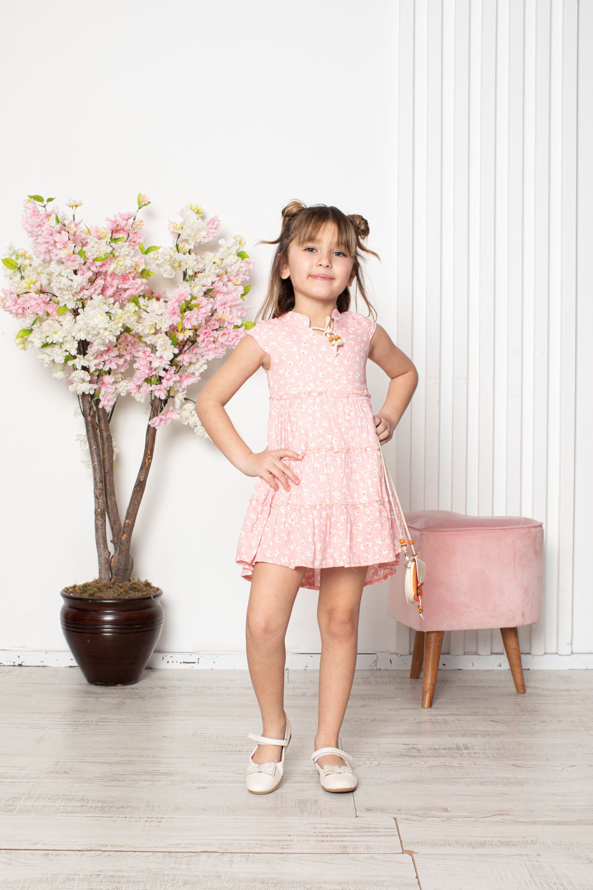 Flower Patterned Girl's Dress with Bag