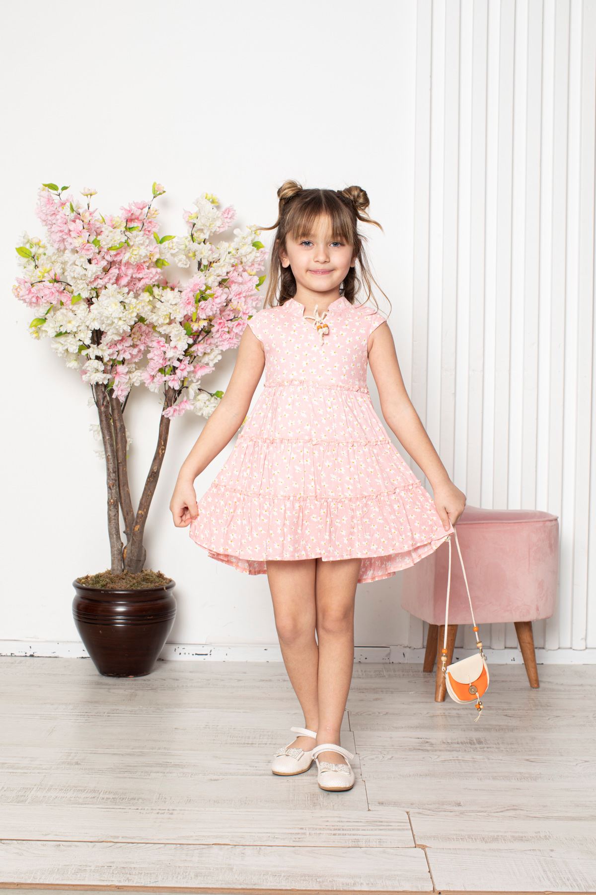 Flower Patterned Girl's Dress with Bag