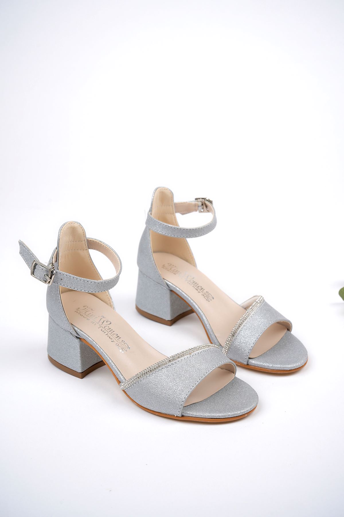 Heeled Silver Stone Sandals for Girls