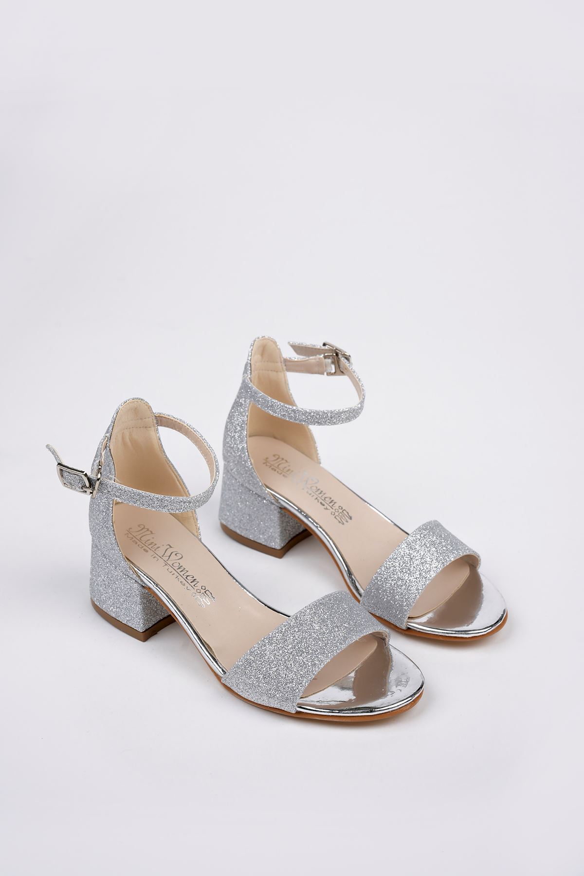 Heeled Single Band Back Closed Silver Girl's Sandals