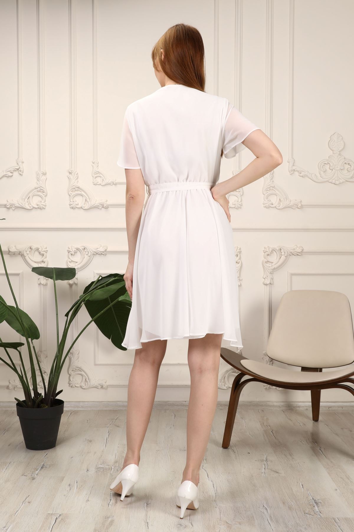 V Neck Midi Length White Women's Dress
