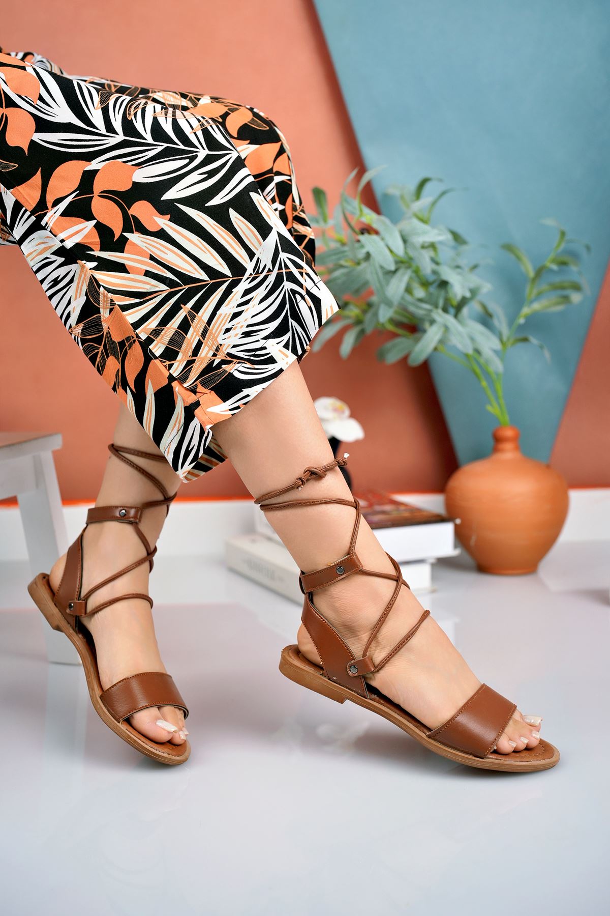 Single Strap Ankle Lace-Up Tan Women's Sandals