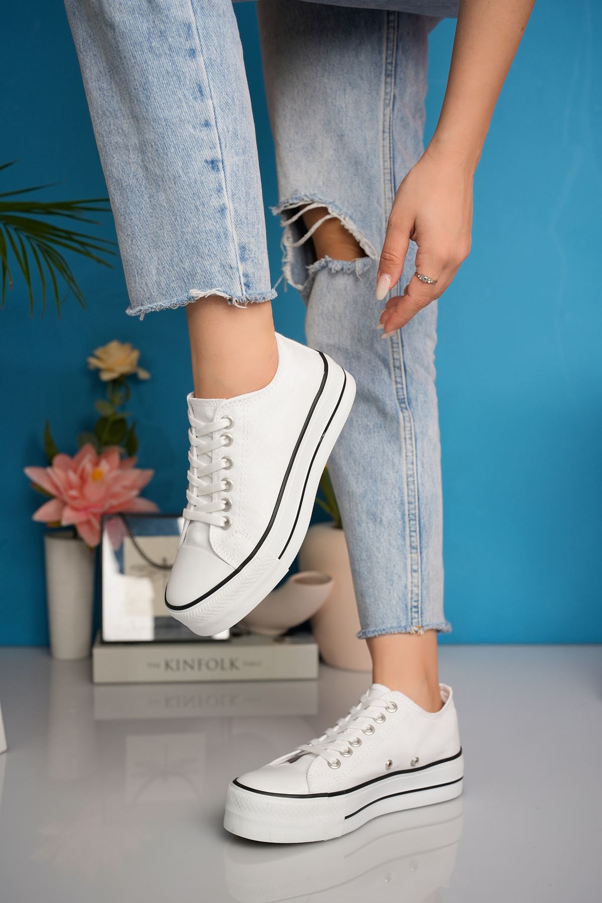 Thick Sole Short White Linen Sneakers