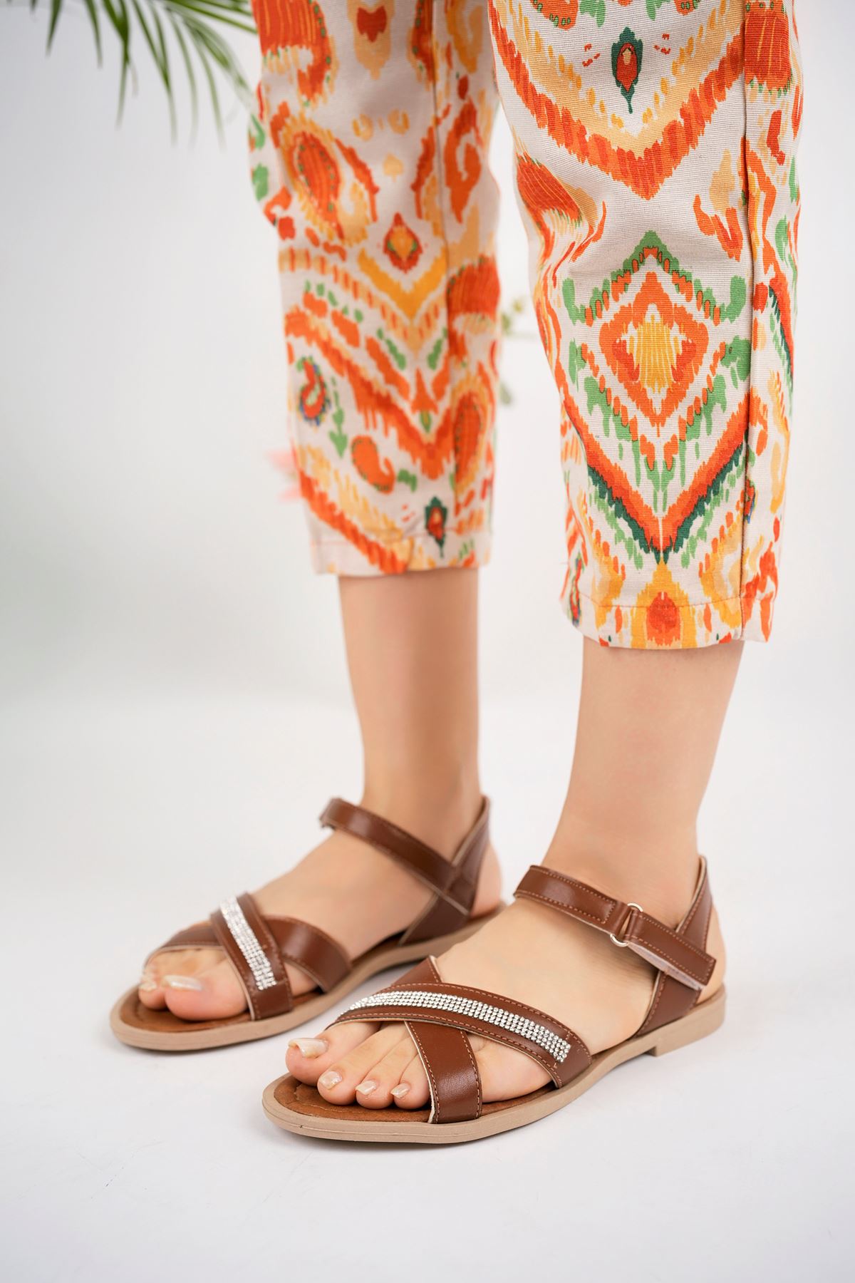 Tan Women's Sandals with Cross Strap Stones