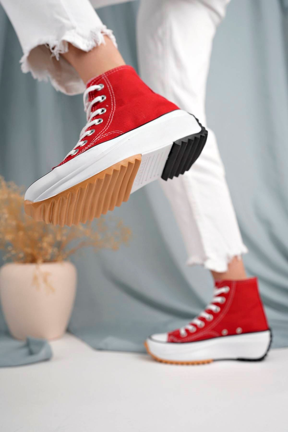 Kalın Taban Uzun Kırmızı Keten Kadın Spor Ayakkabı