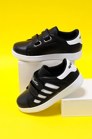 Black and White Sole Children's Shoes with White Stripes on the Side