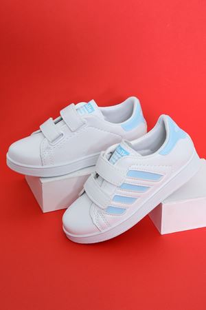 White Children's Shoes with Blue Stripes