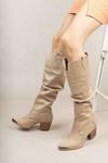 Beige Suede Long Cowboy Boots