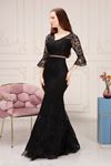 Long Lace Evening Dress with Sleeves and Waist Motifs