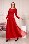 Long Sleeve Red Women's Evening Dress with Striped Waist