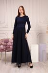 Long Sleeve Navy Blue Women's Evening Dress with Striped Waist