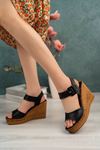 Filled Heel Single Band Black Women's Sandals