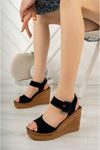 Filled Heel Single Strap Black Suede Women's Sandals