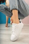 Lace-up White Women's Sneakers with Black Garnish on the Back