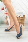 Navy Blue Denim Women's Shoes with Filled Heel Open Back