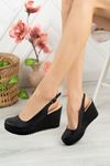 Filled Heel Open Back Black Skin Women's Shoes