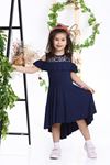 Navy Blue Girl's Dress with Shoulder Window and Lace Chest