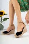 Filled Heel Wicker Black Suede Pencil Shoes