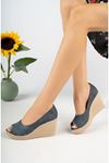 Navy Blue Denim Women's Shoes with Padded Sole Open Front