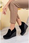 Filled Sole Side Zipper Black Suede Shoes