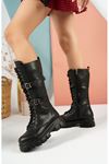 Black Skin Women's Ankle Boots with Double Buckle