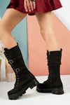 Black Suede Women's Double Buckle Boots