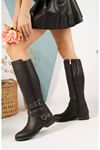 Black Leather Women's Boots with Double Buckle