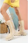 Beige Parachute Snow Boots with Front Zipper