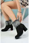 Black Suede Women's Sheepskin Ankle Boots with Heel