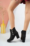Black Suede Women's Boots with Heeled Side Buttons