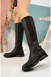 Black Women's Boots with Side Stretch Buckle