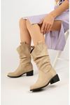 Gusseted Beige Suede Women's Boots