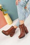 Zipper Detailed Tan Skin Women's Boots