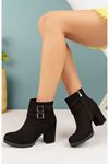 Black Suede Women's Boots with Double Buckle