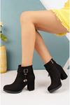 Single Buckle Black Suede Women Boots