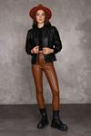 Women's Leather Coat with Fleece Sleeves and Zipper Detail